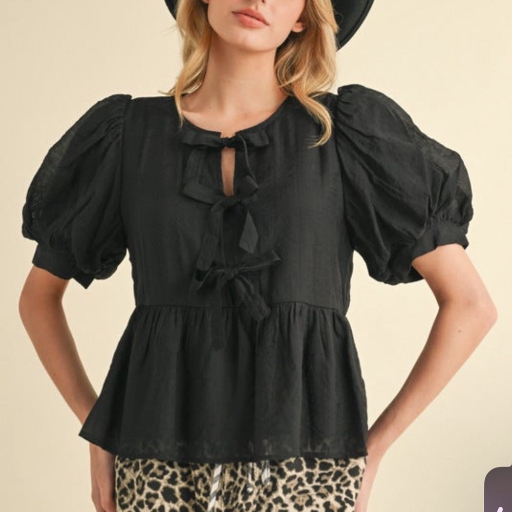 Jodifl | Women’s Small Tie Front Peplum Blouse in Black
